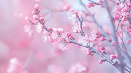  A tree branch with pink blossoms in sharp focus against a backdrop of a pink-hued sky