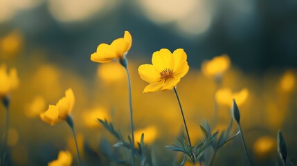 Fototapeta premium A field filled with yellow flowers Behind some blooms, a blurred image of more flowers appears in the backdrop