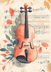 Fototapeta premium Cute violin on musical notes background, flat design style, simple and clean, detailed illustration