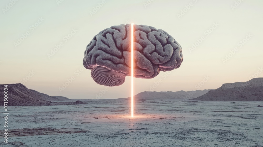 Poster a brain composed of abstract geometric shapes, with a glowing line running through it towards a brig
