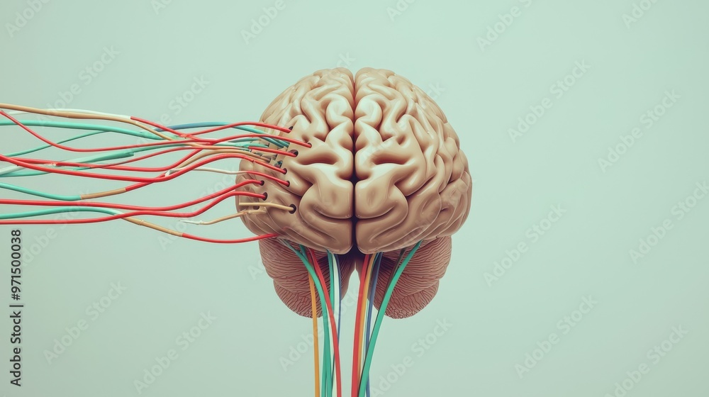 Poster a brain connected to multiple pulsing data cables, each leading to different tasks and projects. rep