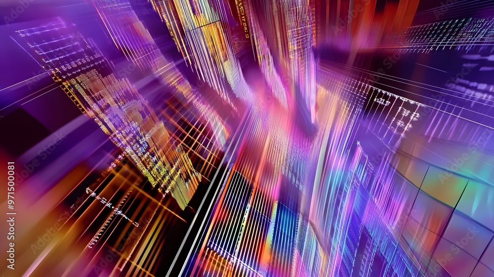 Poster abstract digital background with colorful glowing lines and patterns.