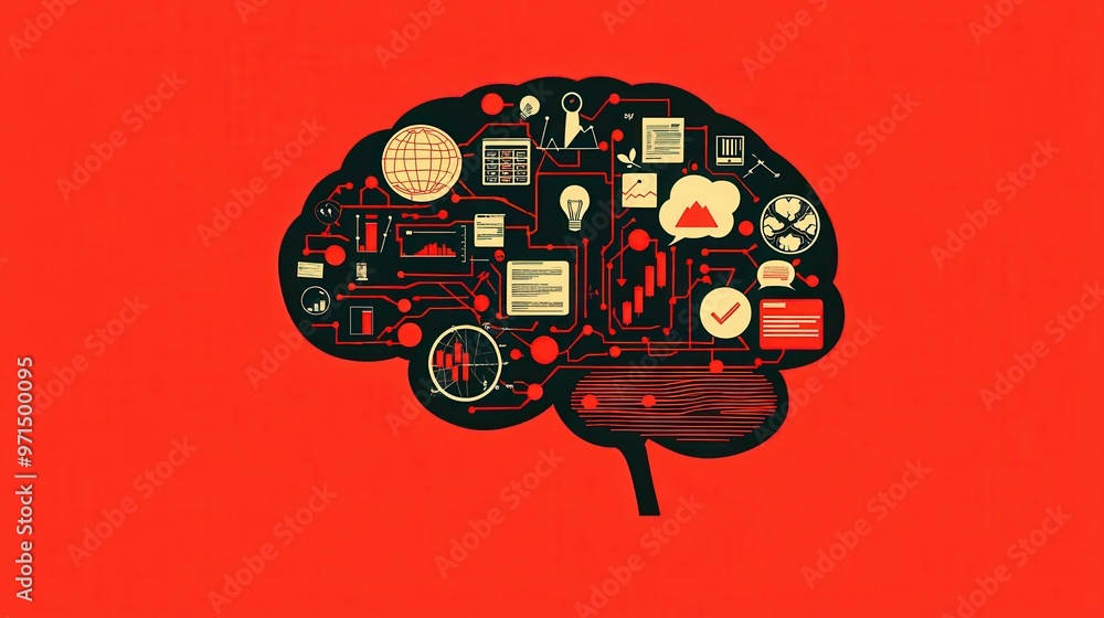 Poster a brain with interconnected pathways of financial charts and customer icons, representing the comple