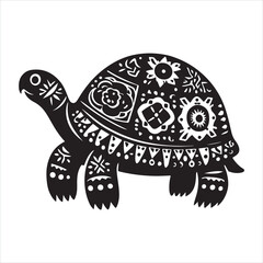 tortoise in folk art black and white  silhouette on white background

