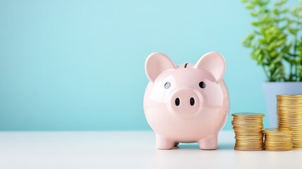 A cute pink piggy bank surrounded by coins, symbolizing savings and financial security in a bright, modern setting.