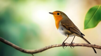 A small robin perches on a branch, its orange breast a vibrant contrast to the green foliage behind it.