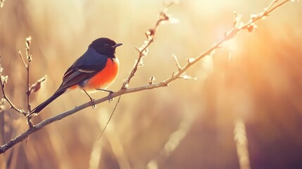 A small songbird with bright red and black plumage perches on a branch, basking in the golden light of the setting sun.