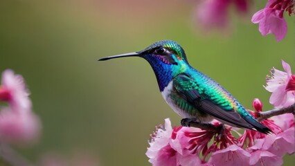 Naklejka premium A vibrant hummingbird perched on a blooming cherry blossom branch.