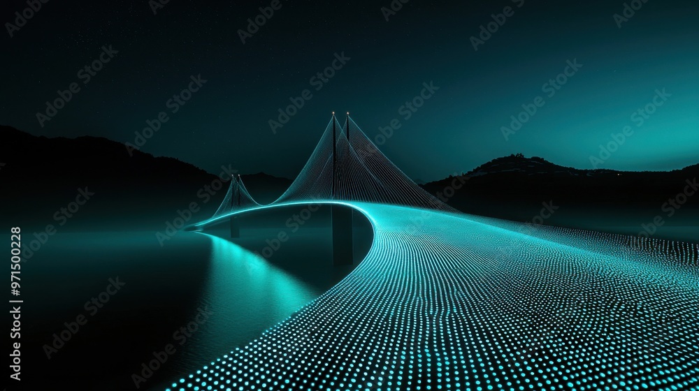 Poster a bridge forming from a series of glowing data points, connecting two separate islands, skill gap an