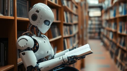Fototapeta premium Robotic reading the book, literacy, training, data analysis