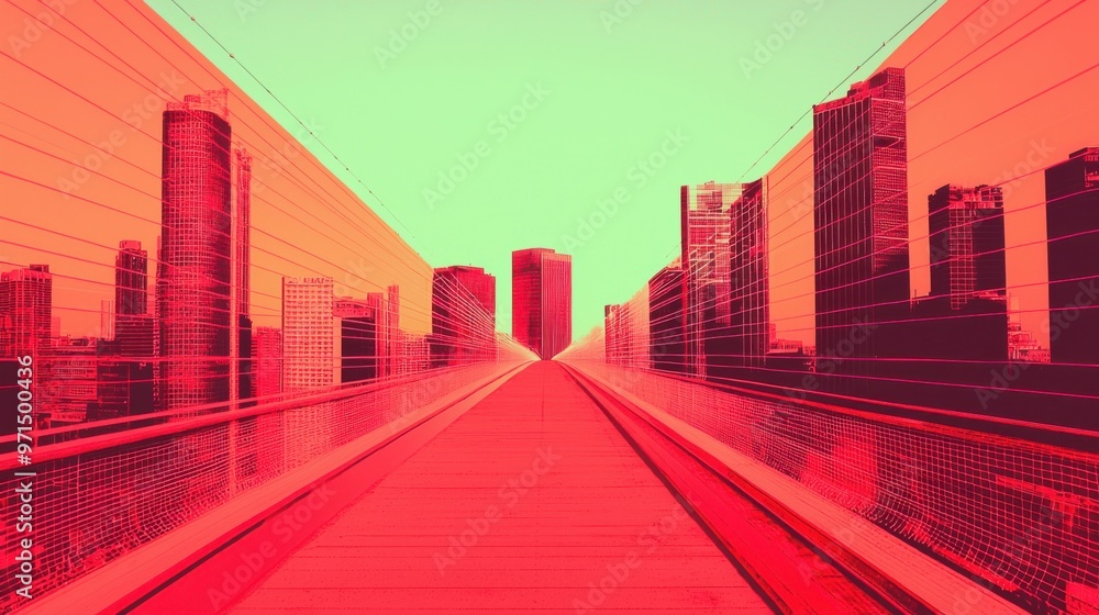 Poster a bridge made of light extending from one side of the image to the other, connecting abstract citysc