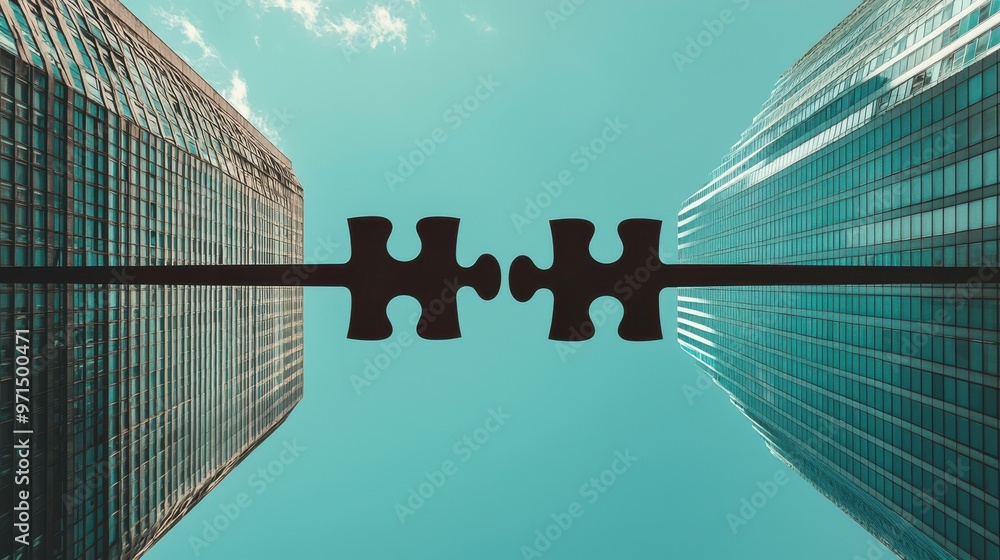 Poster a bridge made of puzzle pieces connecting two tall buildings, representing how business continuity e