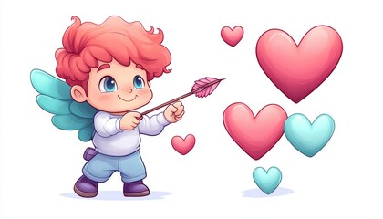 Obraz premium A playful cherub with pink hair and wings aiming a heart-shaped arrow at colorful hearts, symbolizing love and affection.