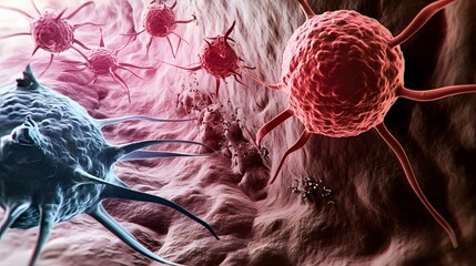 Close-up of red and blue cancer cells with multiple tentacles.