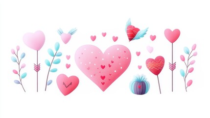 A vibrant illustration featuring hearts, flowers, and butterflies in soft hues of pink and blue, perfect for romantic themes.