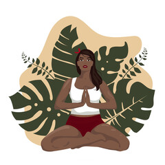 vector illustration of a brunette girl sitting in the lotus position doing yoga against the background of palm leaves