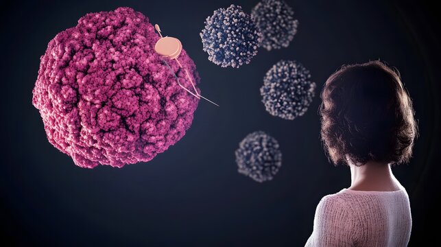 A woman stands facing a large, pink, 3D rendering of a cell, surrounded by smaller, blue cells.