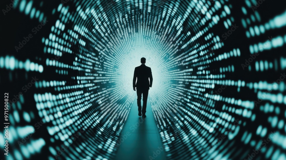 Poster a businessman standing at the center of a glowing digital matrix, with streams of data surrounding h
