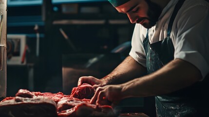 A male butcher prepares raw meat in a kitchen.