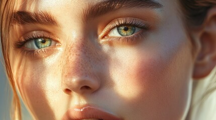 Obraz premium Close-up of a woman's face with freckles and green eyes