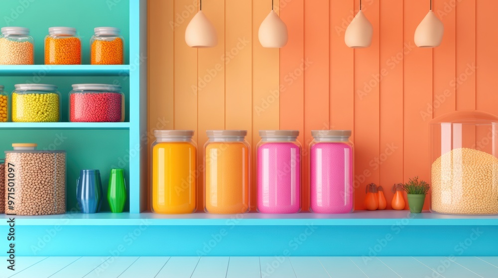 Wall mural A colorful shelves with jars of food and other items on them, AI