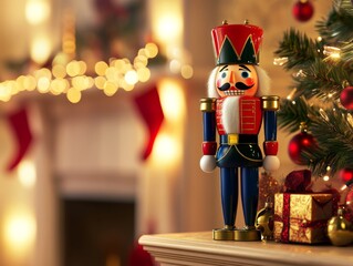 Christmas Nutcracker Ornament on a Mantel with Decorated Christmas Tree