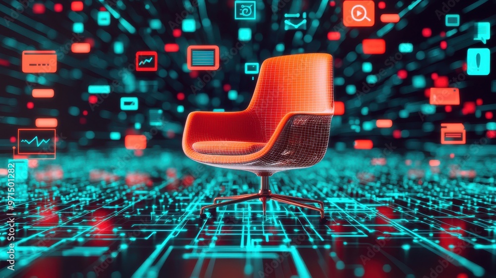 Poster a chair and desk in the middle of a virtual grid, surrounded by floating data streams and digital ic
