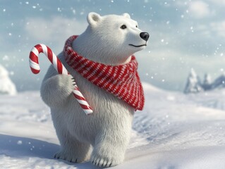 Fototapeta premium Polar Bear in a Red Scarf Holding a Candy Cane in Snowy Landscape