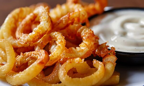 Crispy curly fries with creamy dipping sauce on side