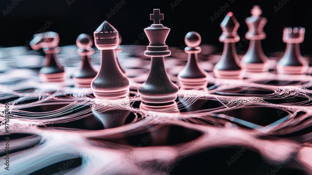 Poster a chessboard made of glowing data lines, with each move represented by abstract shapes and numbers, 