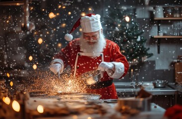 Santa Claus in the kitchen cooking Christmas cookies, sparks flying from the pan, a magical...