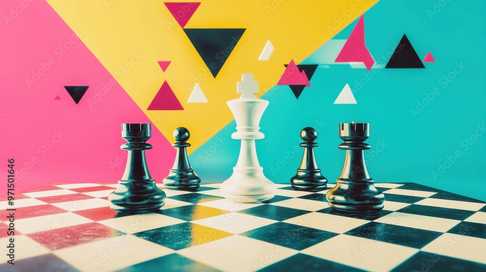 Poster a chessboard with one piece being moved diagonally, representing a non-linear strategy change, with 