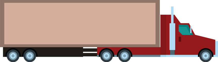 Red semi trailer truck transporting cargo in side view over white background