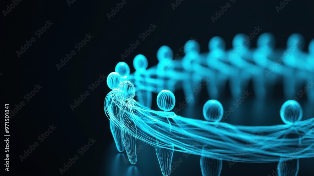 Poster a circle of abstract figures passing glowing energy between each other, representing the continuous 