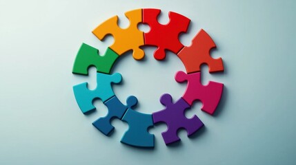 A circular flow of colorful puzzle pieces fitting together, each piece representing different employee skills and roles, teamwork and engagement