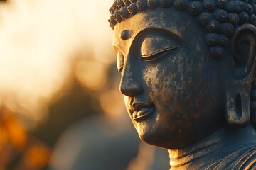 Close up of serene buddha statue enjoying sunset light