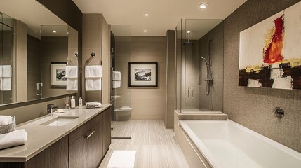 Modern Bathroom Interior with Glass Shower and Bathtub