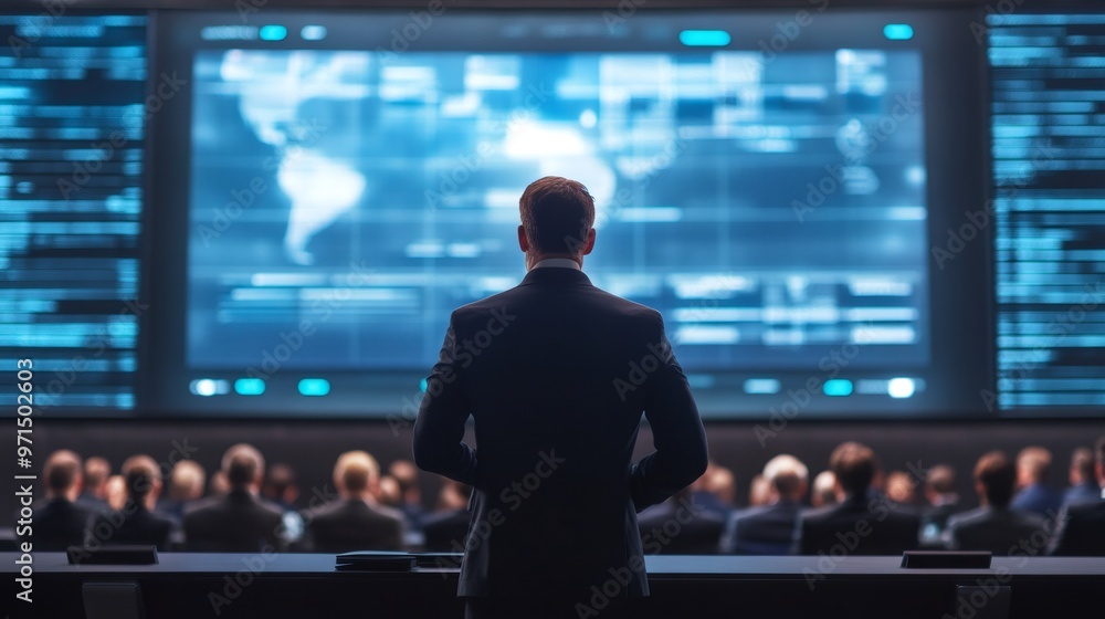 Aufkleber a businessman stands in front of a large screen, looking at a presentation or data with an audience 