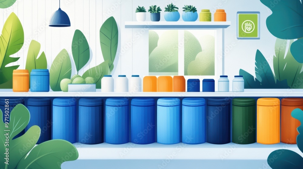 Poster a colorful display of a shelf with many different colored containers, ai