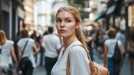 Young woman with long blonde hair walks through a crowded city street.