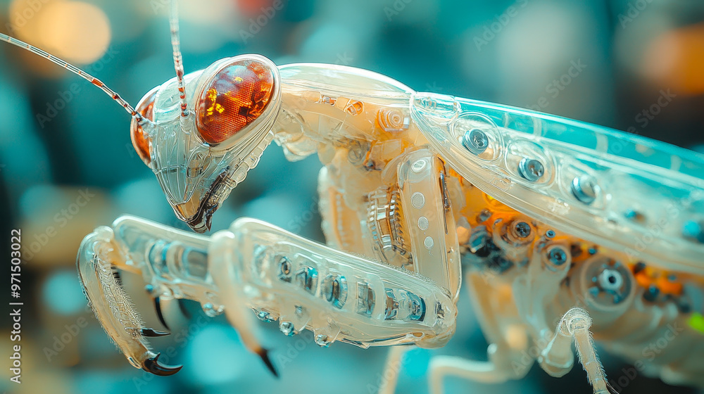 Poster futuristic cybernetic praying mantis close-up with intricate mechanical details and gears, transluce