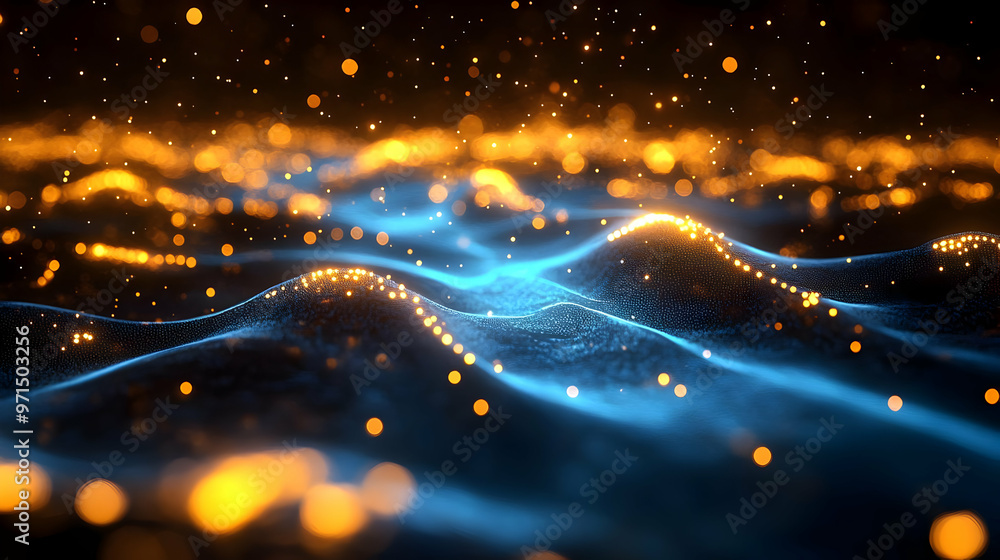 Poster a mesmerizing abstract representation of waves illuminated by glowing particles.