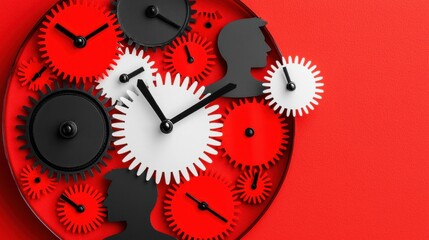 A clock with gears made of human silhouettes, each gear representing a different stage of leadership progression, highlighting the long-term nature of succession planning