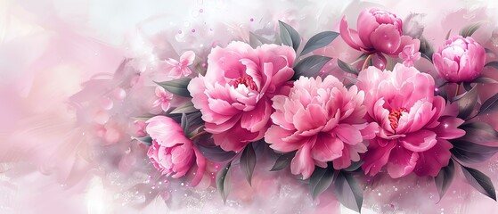 Fototapeta premium Bouquet of pink peonies with a bow, sparkling accents, watercolor style