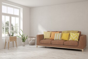 White living room with sofa. Scandinavian interior design. 3D illustration