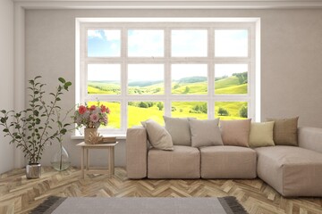 White living room with sofa and summer landscape in window. Scandinavian interior design. 3D illustration