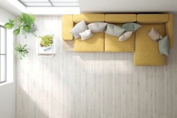 Top view of white bedroom concept with concrete floor. Scandinavian interior design. 3D illustration