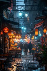 Obraz premium Busy market street, warm glowing lights, nighttime, lively atmosphere, detailed scene