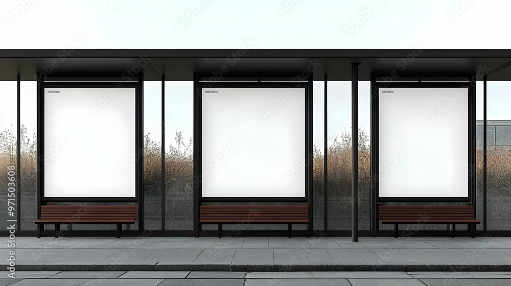 Poster a minimalist bus stop with empty advertisement spaces and wooden benches.