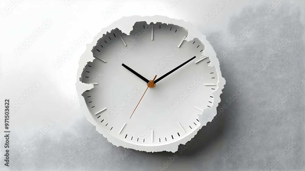 Poster a minimalist clock design with a torn paper effect, emphasizing timekeeping in a creative way.